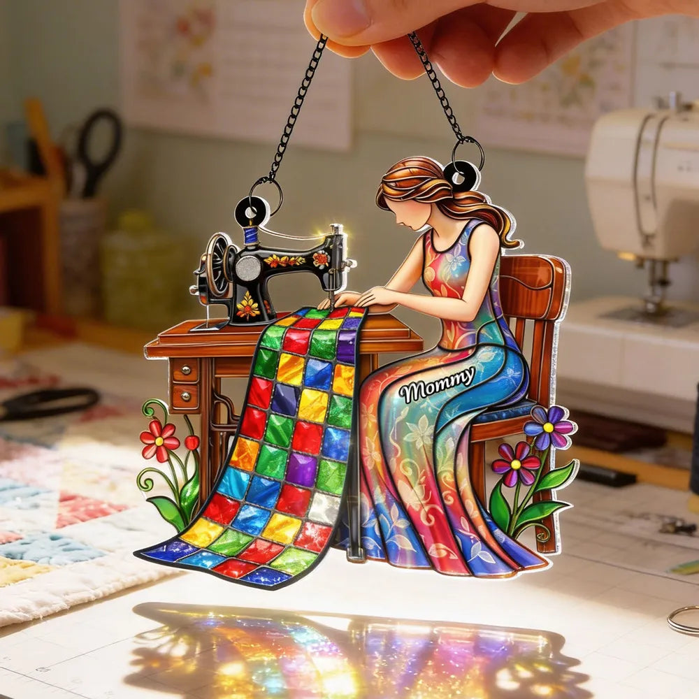 Personalized Mom Sewing Quilt Acrylic Suncatcher Ornament for Window Decor - Sunlight Reflection, Unique Gift for Mom or Grandma
