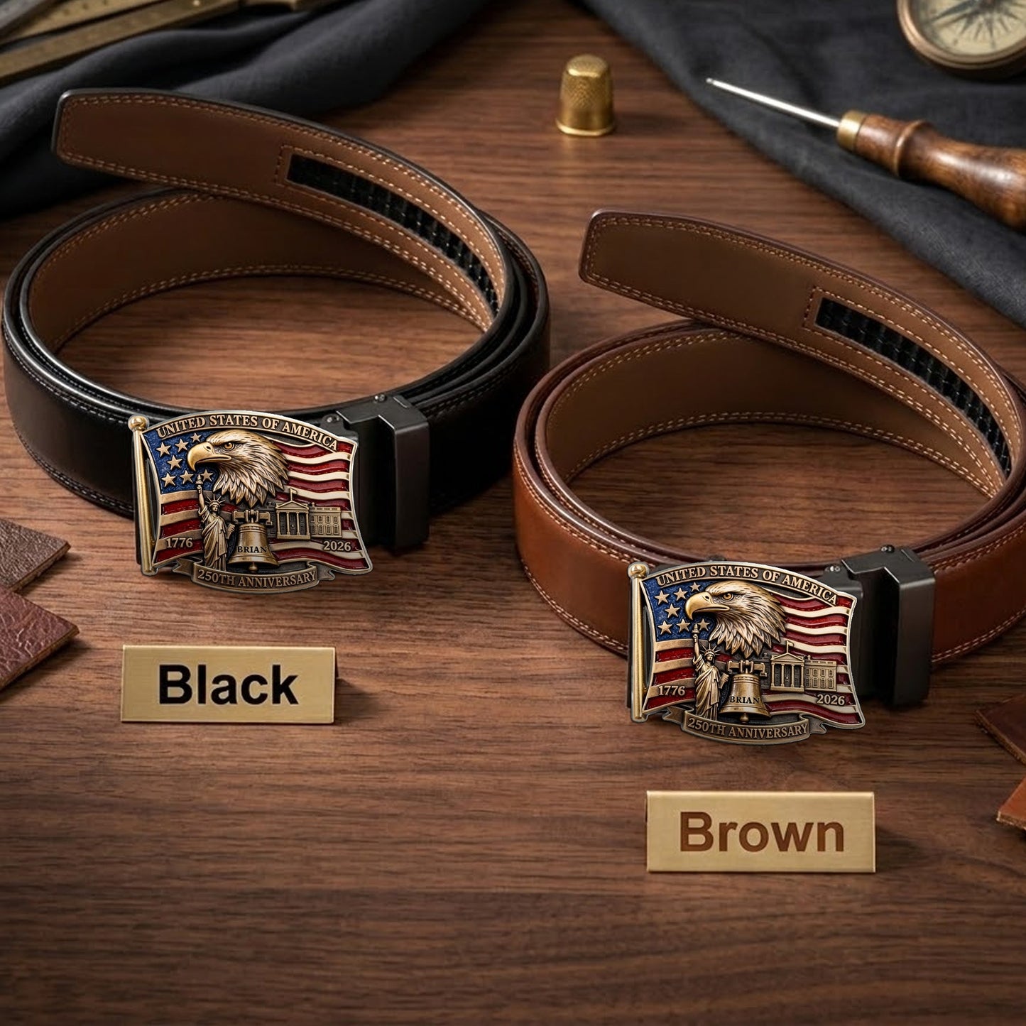 250th Anniversary Of United States - Personalized Patriot Leather Belt With Shaped Buckle