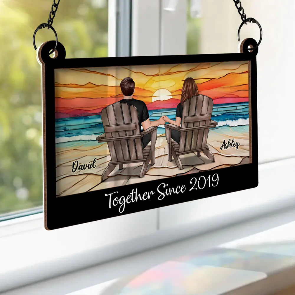 Wood and Acrylic Layered Ornament with Couple Holding Hands on Beach Chairs, Sunset Scene, Perfect Gift for Love and Home Décor