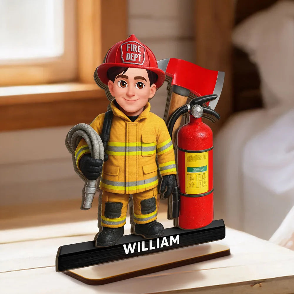 Personalized Firefighter 2-Layer Wooden Plaque with Fire Axe and Extinguisher Desk Decor Unique Gift for Firefighters
