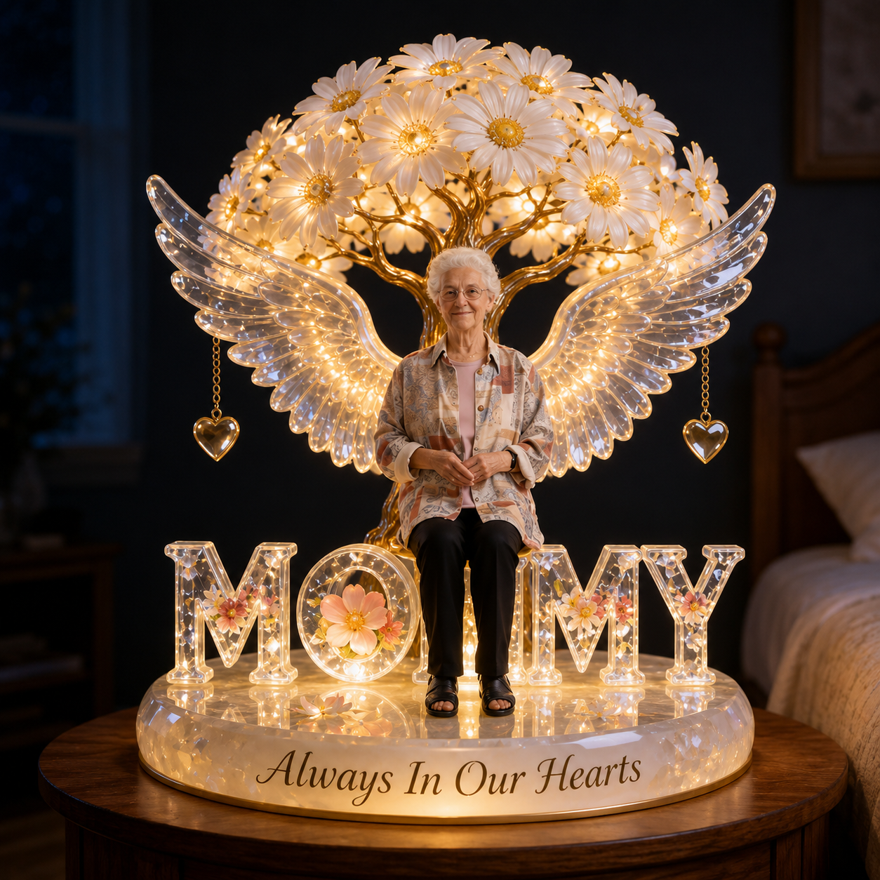 Custom Grandma Always In Our Hearts Angel Wings Figurine, Personalized Memorial Tree Lamp Statue, Sympathy Remembrance Night Light Table Decor