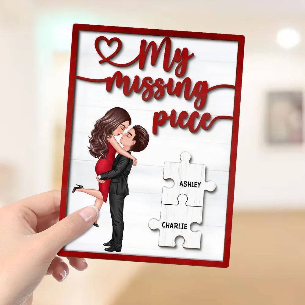 Embrace of Love - 'My Missing Piece' Personalized 2-Layer Wooden Plaque with Hugging & Kissing Couple - Ideal Valentine's & Anniversary Gift for Him & Her