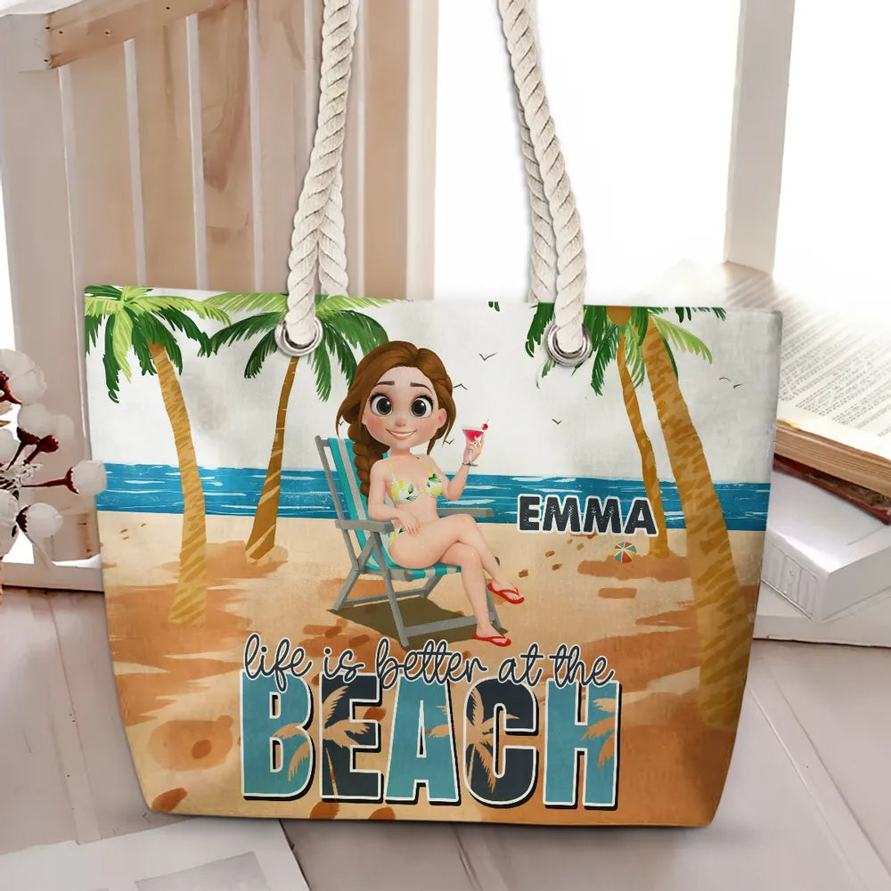 Personalized Rope Handle Canvas Bag, Life Is Better at the Beach Tropical Lounge Scene, Unique Custom Gift