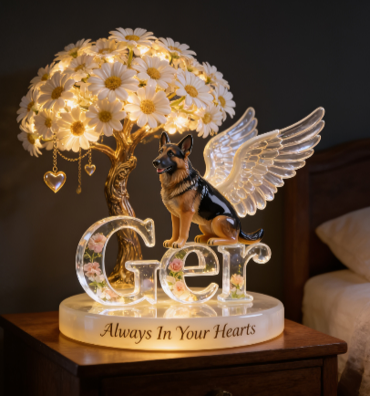 Custom Always In Our Hearts Angel Wings Figurine, Personalized German Shepherd Memorial Tree Lamp Statue, Dog Loss Sympathy Night Light