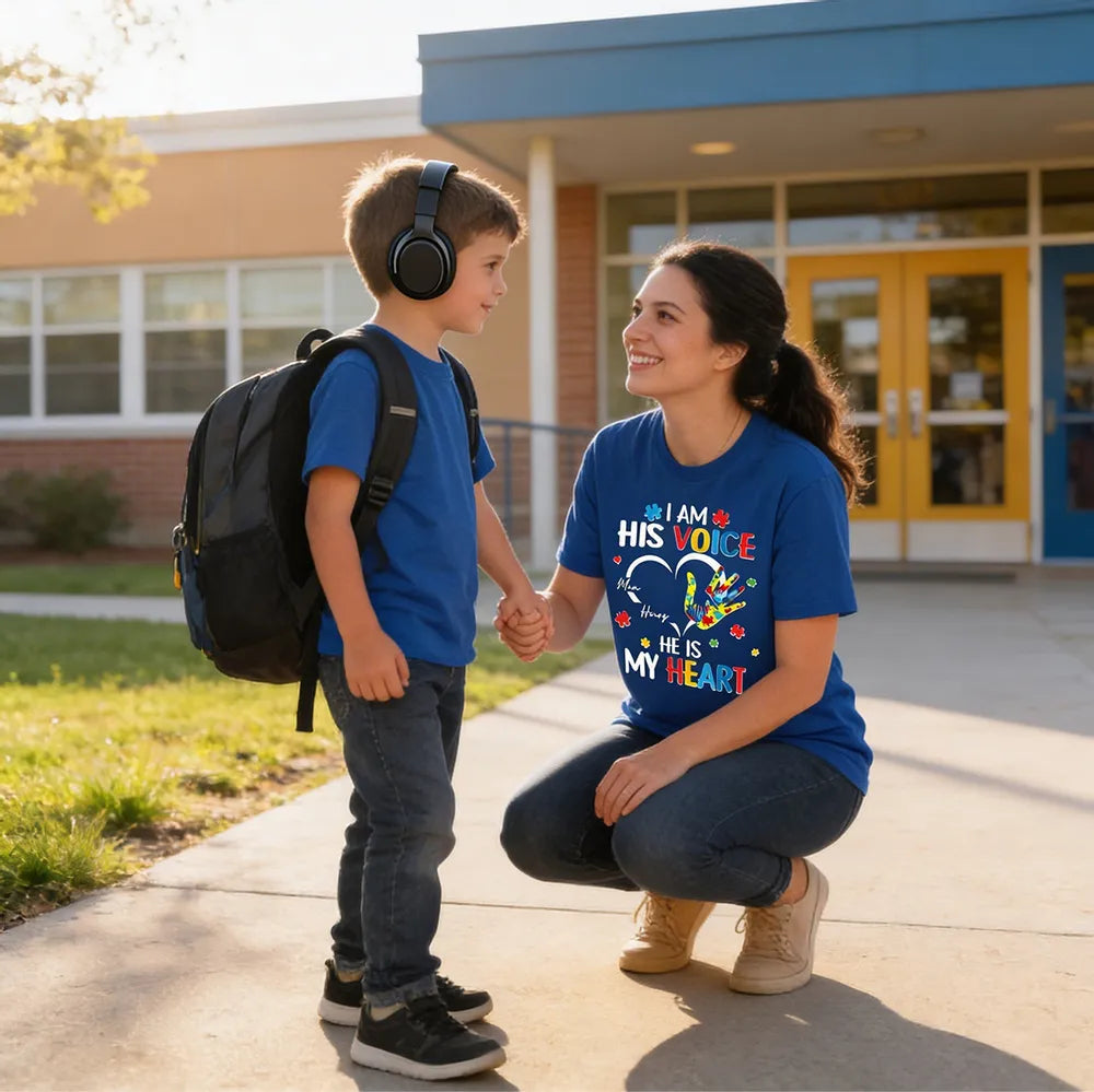 Personalized Autism Awareness Classic Tee I Am His Voice He Is My Heart Puzzle Hand Unique Gift for Mom