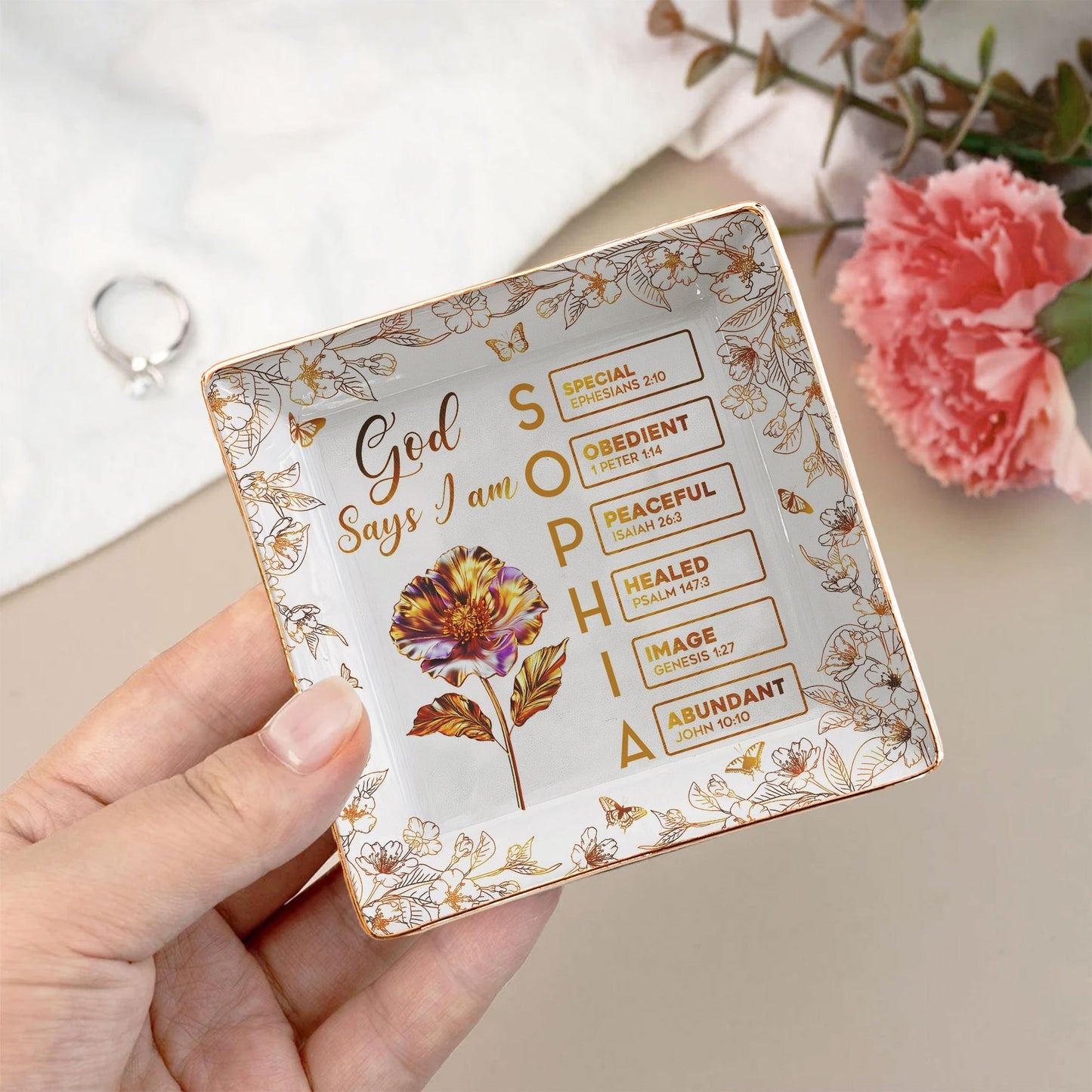Jewelry Dish with Floral Scripture Design, Elegant Keepsake, Perfect Gift for Women
