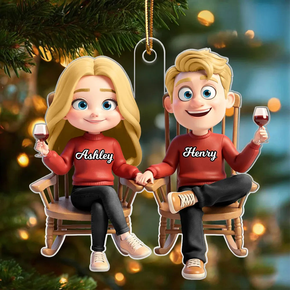 Personalized Acrylic Ornament with Cute Cartoon Couple in Rocking Chairs – Cozy Wine Night Scene, Unique Gift for Couples & Home Holiday Decor