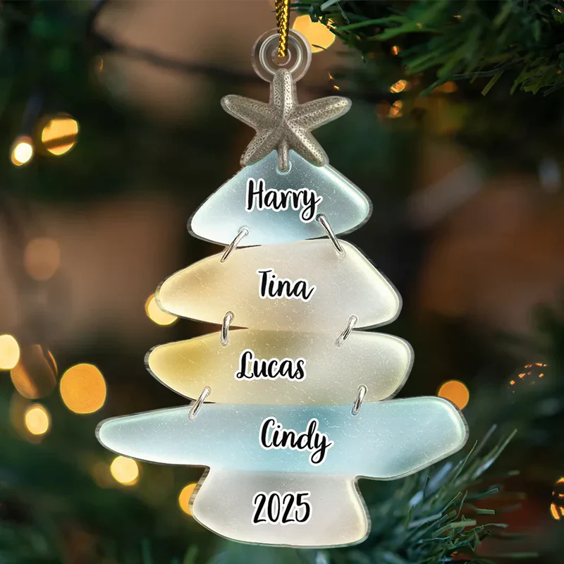 Acrylic Ornament, Personalized Sea-Glass Tree for Christmas Decor, Coastal Aqua Glow, a unique family gift