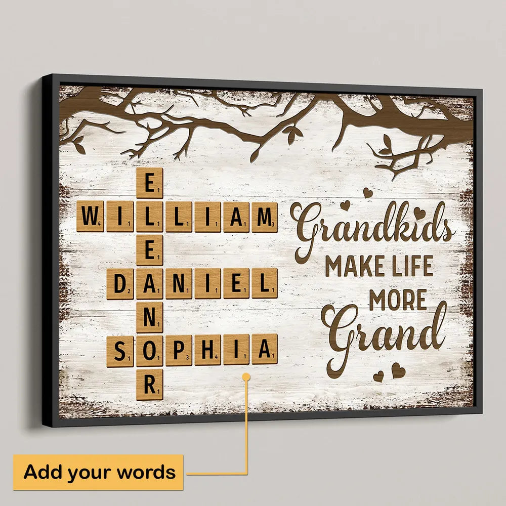 Personalized Family Poster – Grandkids Make Life More Grand – Custom Scrabble-Inspired Poster with Family Names