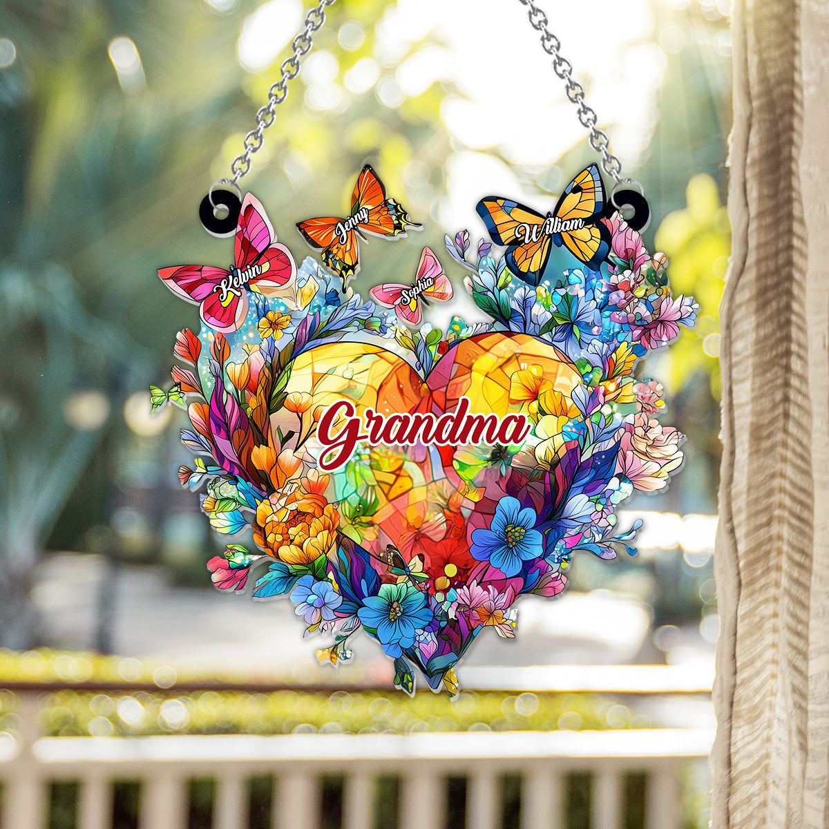 Grandma Mom Flower Heart And Butterflies - Personalized Grandma Window Hanging Suncatcher Ornament