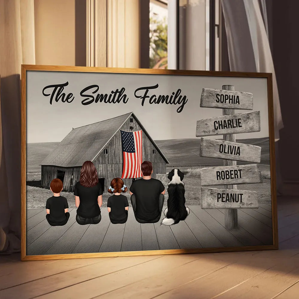 Names on Signpost Family Canvas – Sitting Together Poster with Barn Background – Gift For Family, Dad, Mom