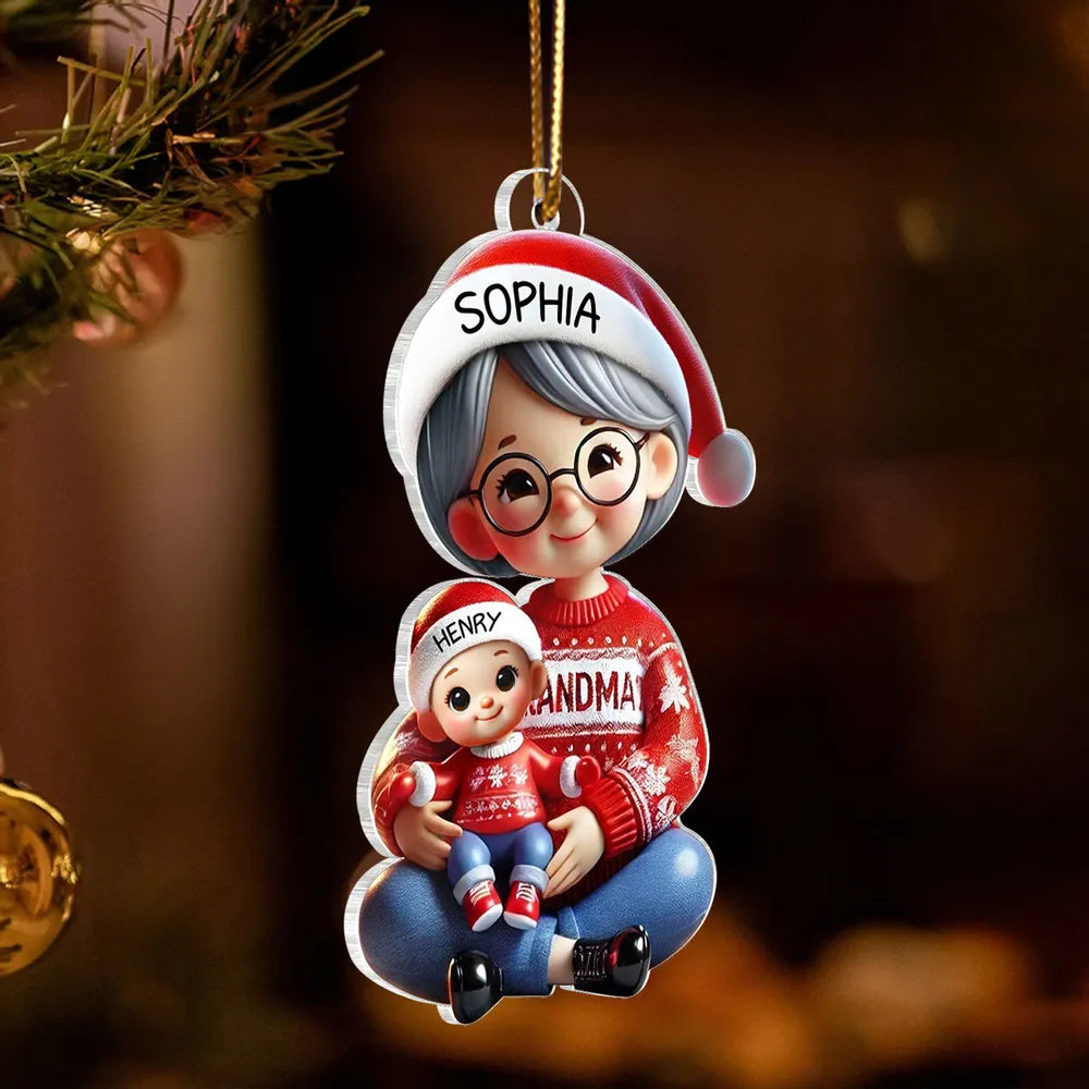 Acrylic Ornament with Grandma & Grandkid Hug Scene, Heartwarming Holiday Décor and Perfect Gift for Family