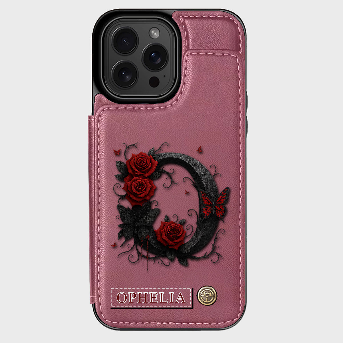 Alphabet Red Rose And Butterflies - Personalized Luxury Wallet Phone Case