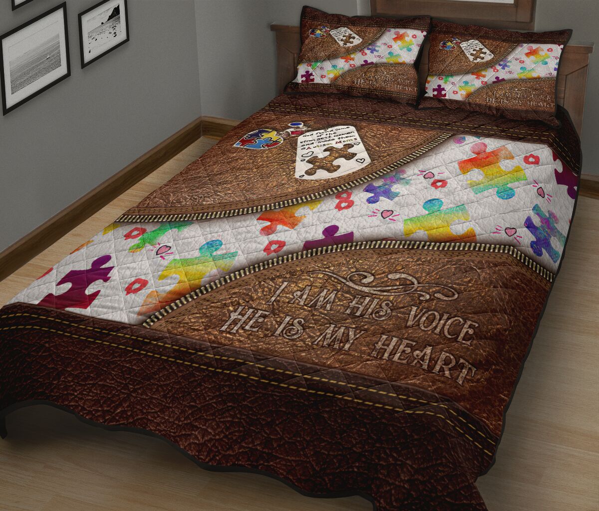 I Am His Voice He Is My Heart Leather Pattern Print Autism Awareness Quilt Set 0622