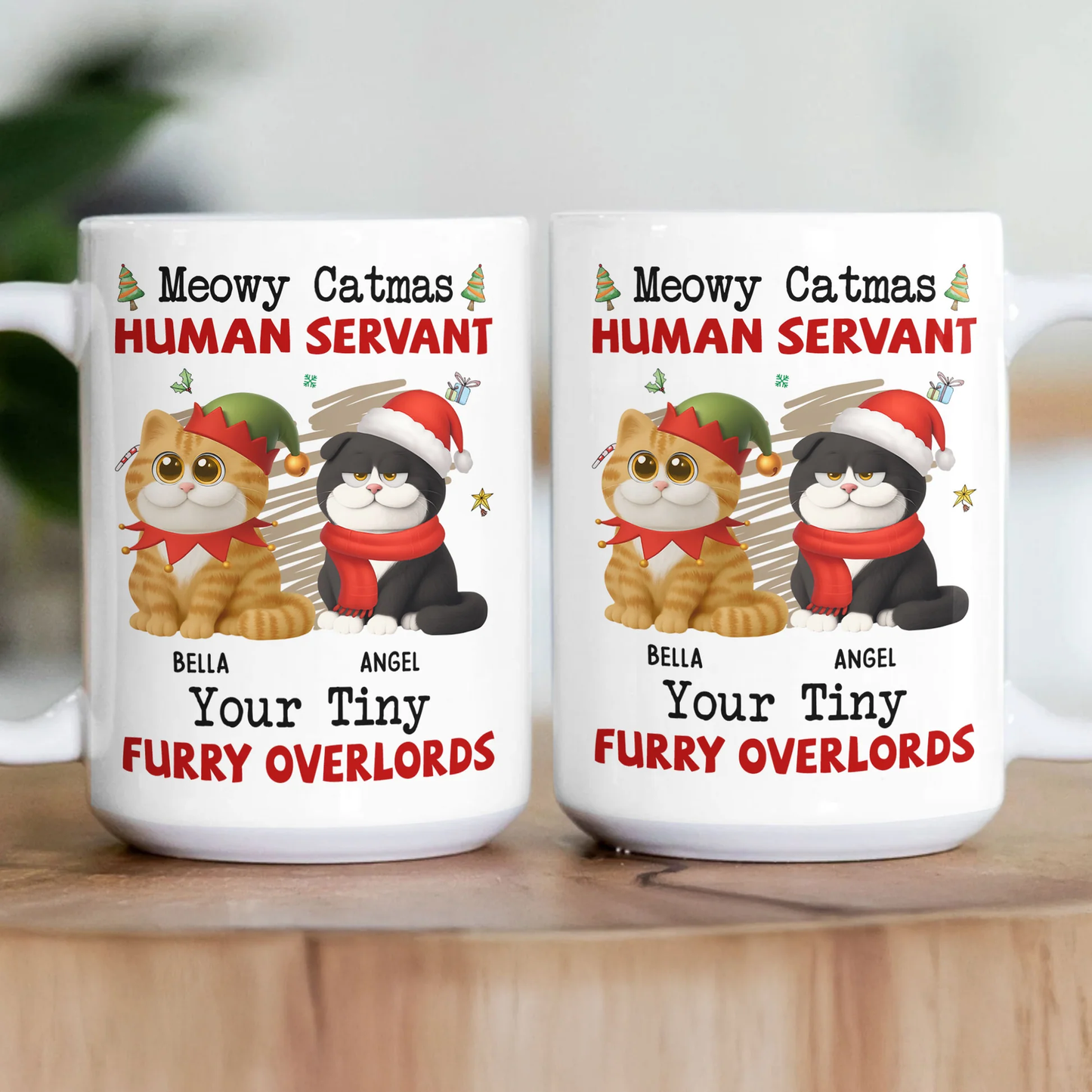 Personalized White Ceramic Mug for Cat Lovers – Meowy Catmas Tiny Furry Overlords Design – Funny Custom Gift for Your Human Servant