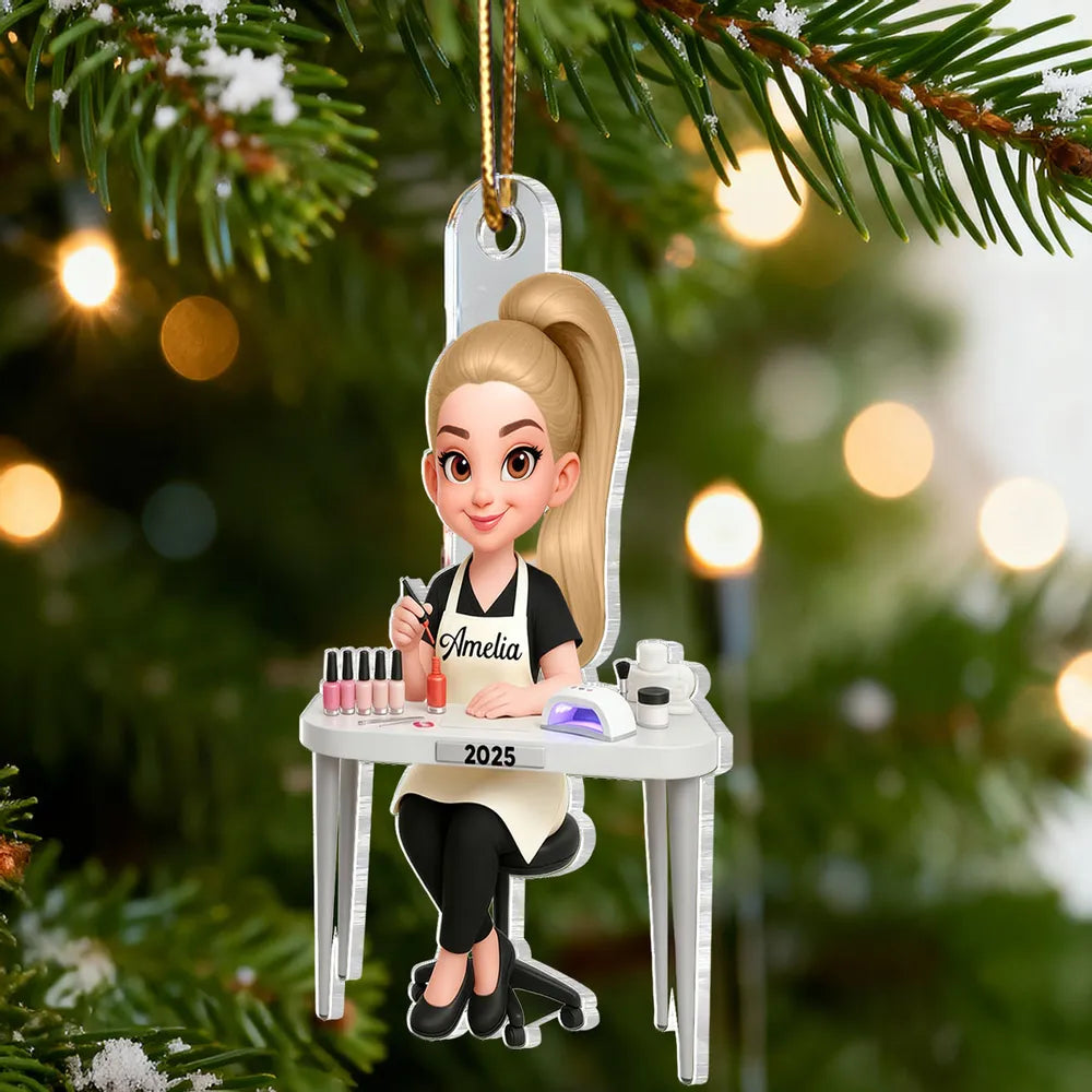 Personalized Acrylic Nail Tech Ornament, Cute Manicurist Desk Scene Keepsake Gift for Beauty Lovers
