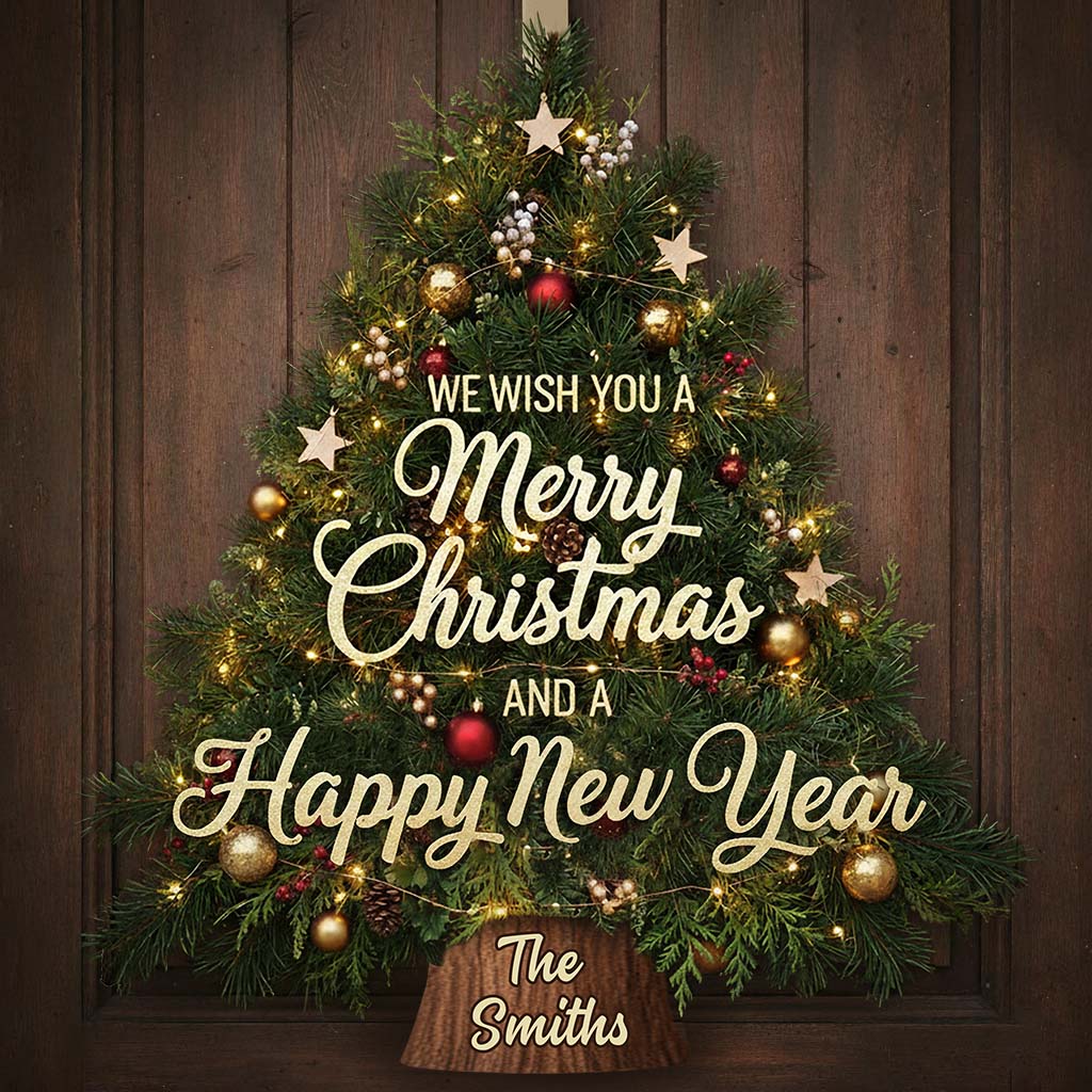 Christmas Tree Wreath Decoration - Personalized Family Custom Shaped Wood Sign