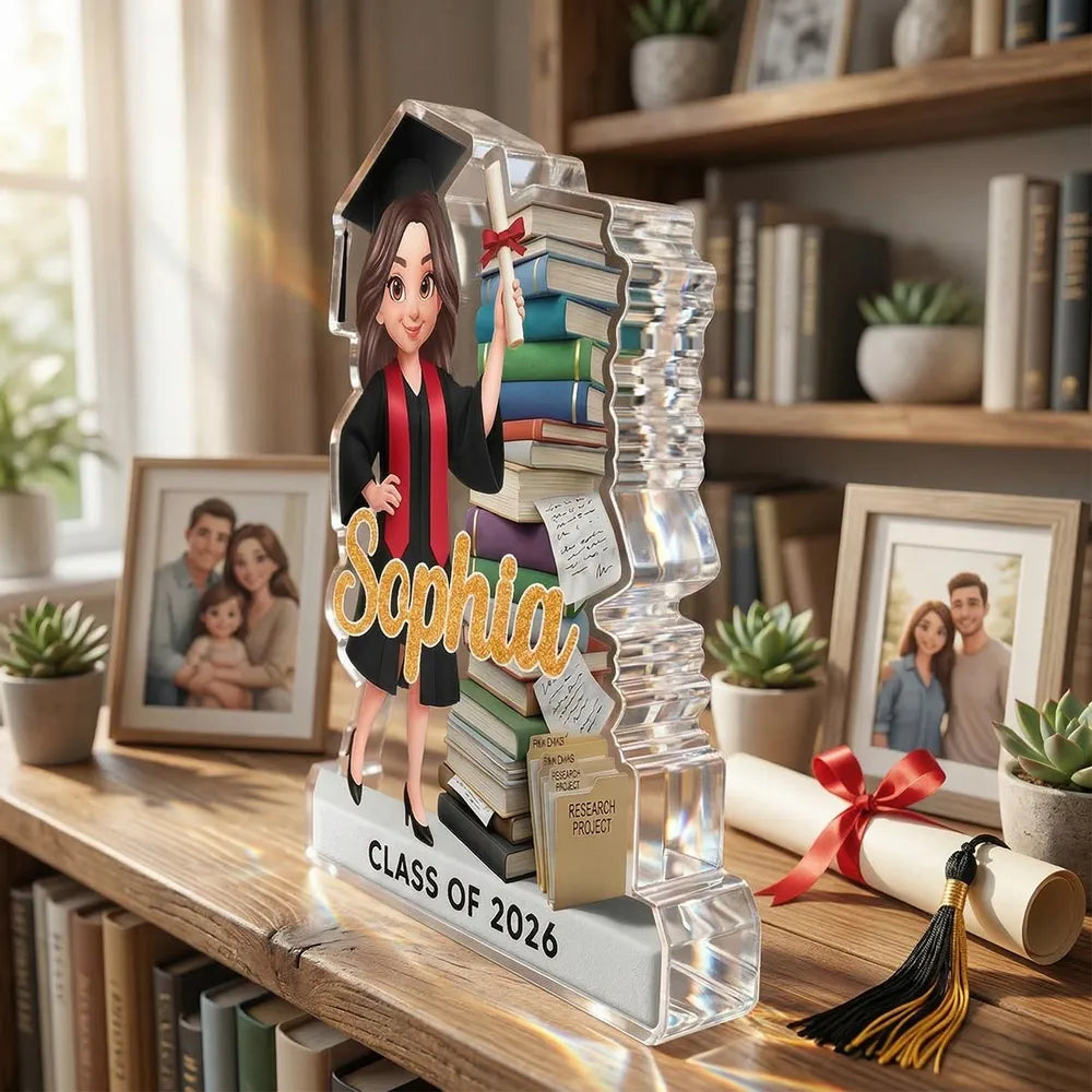 Shaped Acrylic Block Plaque Personalized Keepsake For A Proud Graduate, Cap And Gown Celebration Desk Or Shelf Decor Gift