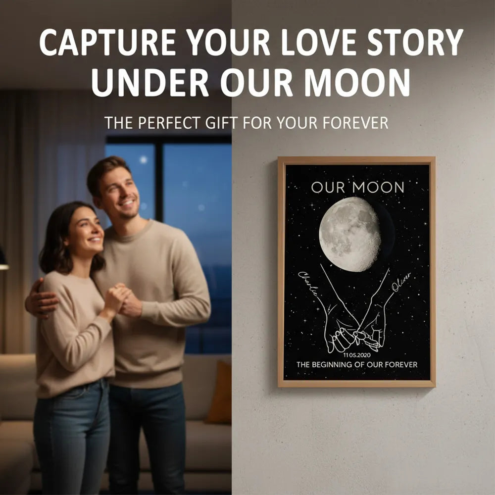 Personalized Moon Phase Couple Holding Hands Line Art Poster, Romantic Starry Night Wall Decor, Unique Gift