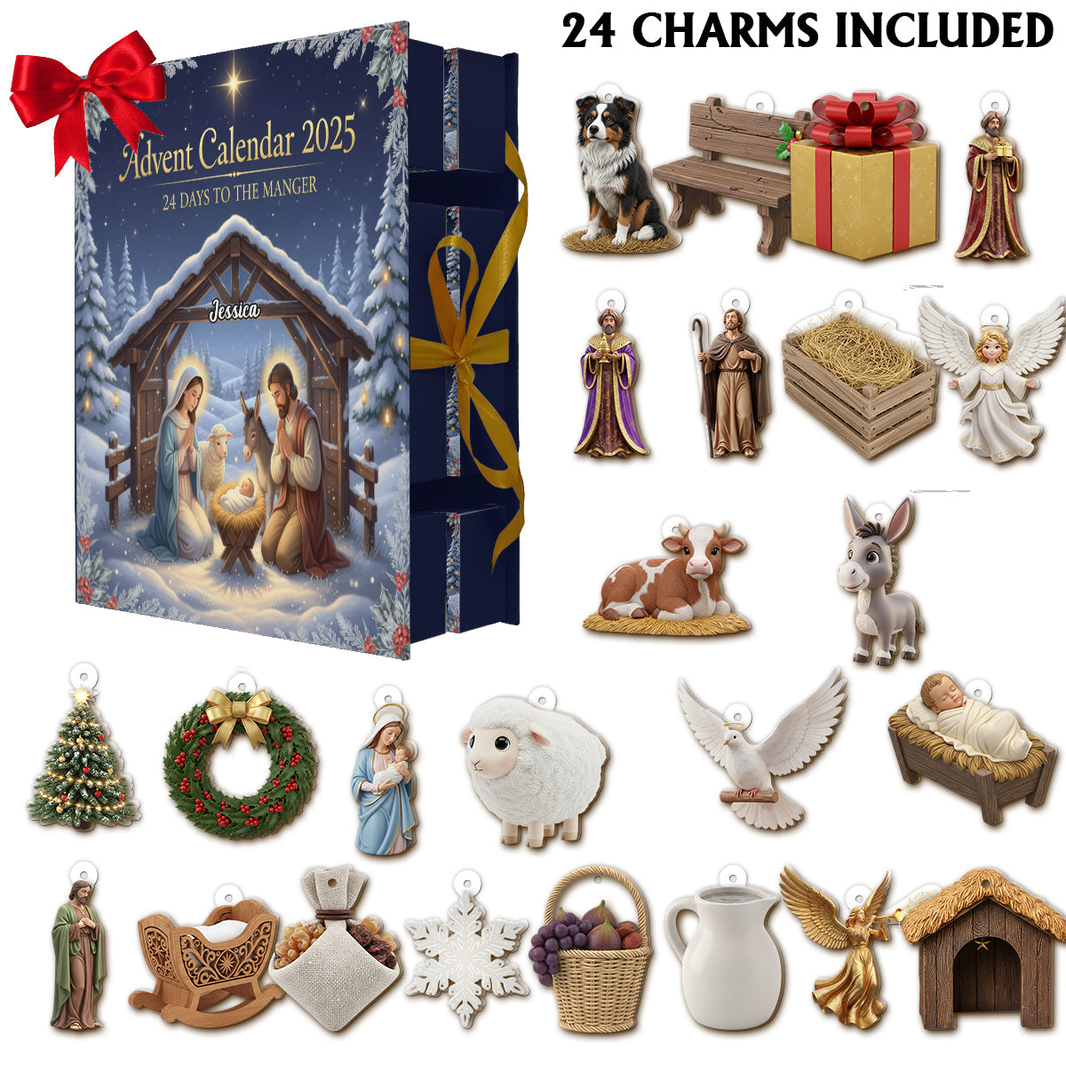 24 Days to the Manger - Personalized Christian Folded Advent Calendar With Ornaments