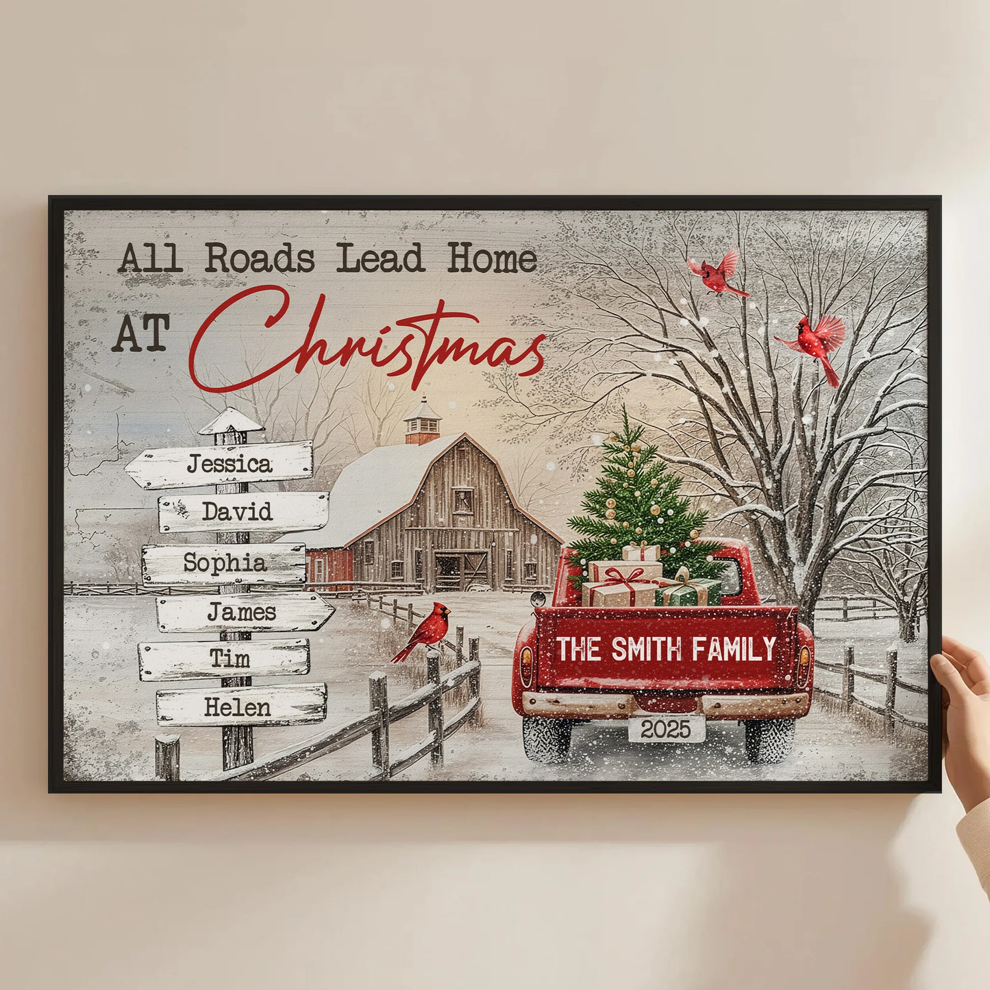 All Roads Lead Home At Christmas Personalized Poster – Custom Family Names Winter Farmhouse Wall Art, Unique Holiday Gift for Mom & Loved Ones