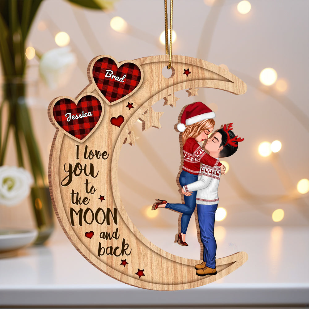 Couple Hugging On Heart Pattern Moon - Personalized Wooden Ornament - Gift For Firefighter,Police,Nurse,Chef,Teacher,Flight,Military,Animal Control,Worker