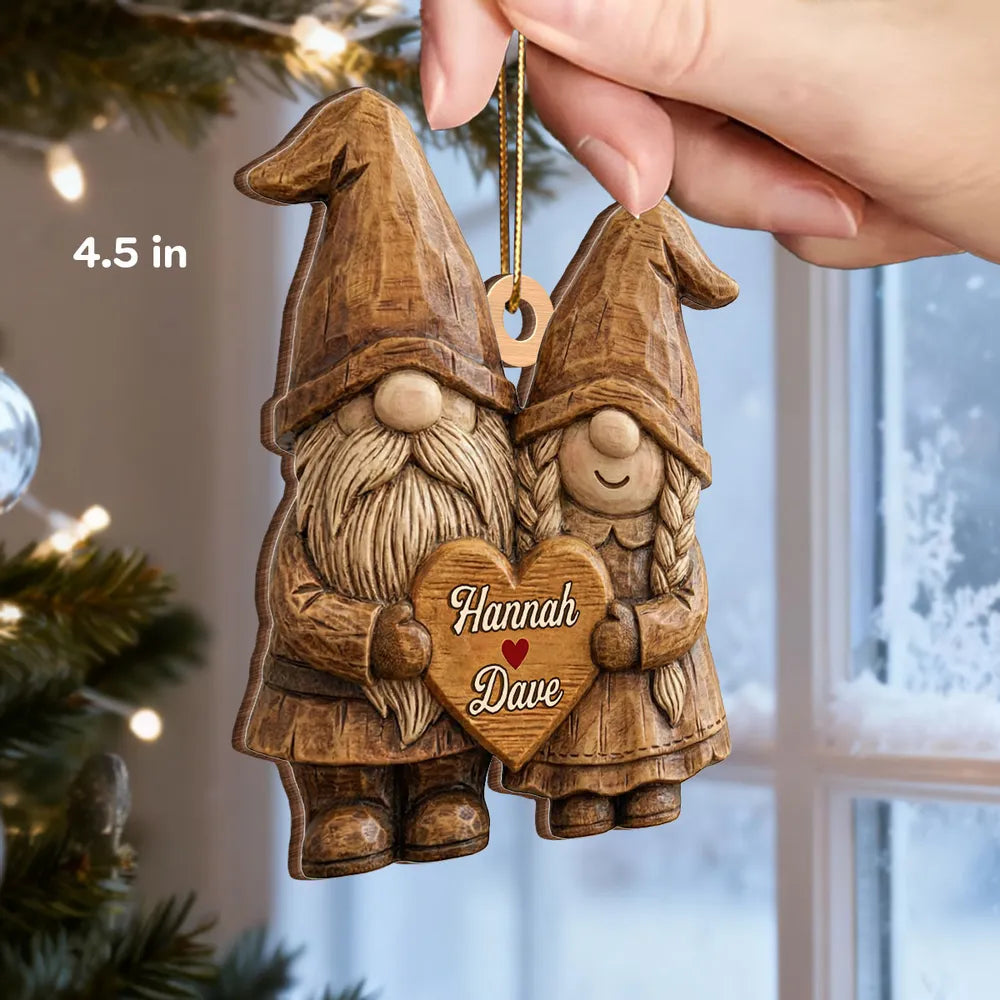 Personalized Wooden Ornament, Cute Gnome Couple Holding Heart, Unique Romantic Gift for Couples, Cozy Holiday Keepsake