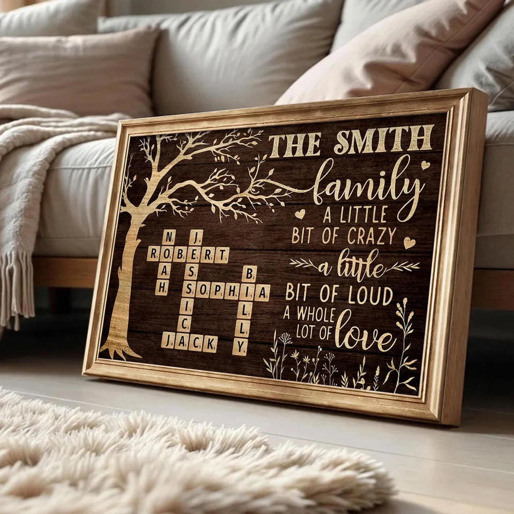 Custom Family Tree Poster with Name Crossword, Warm Wall Art Keepsake, Meaningful Housewarming or Christmas Gift