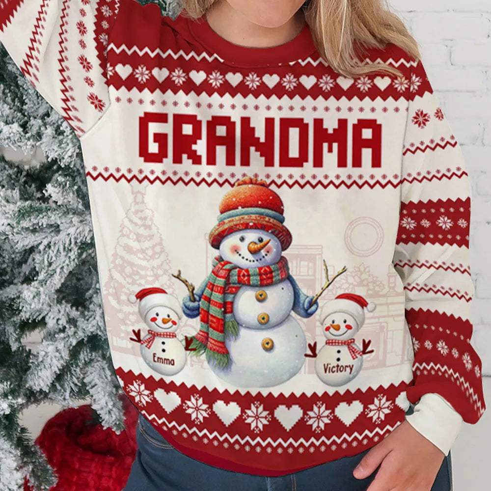 Personalized Grandma Title (GIGI/NANA) Snowman Family Sweater, Customizable Snowman Numbers, Unique Christmas Gift