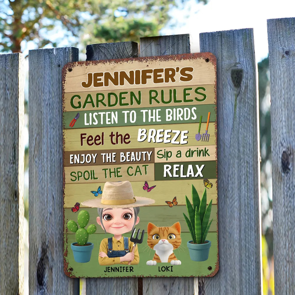 Garden Rules Metal Sign – Personalized Rectangular Iron Sign for Plant Lovers and Cat Moms
