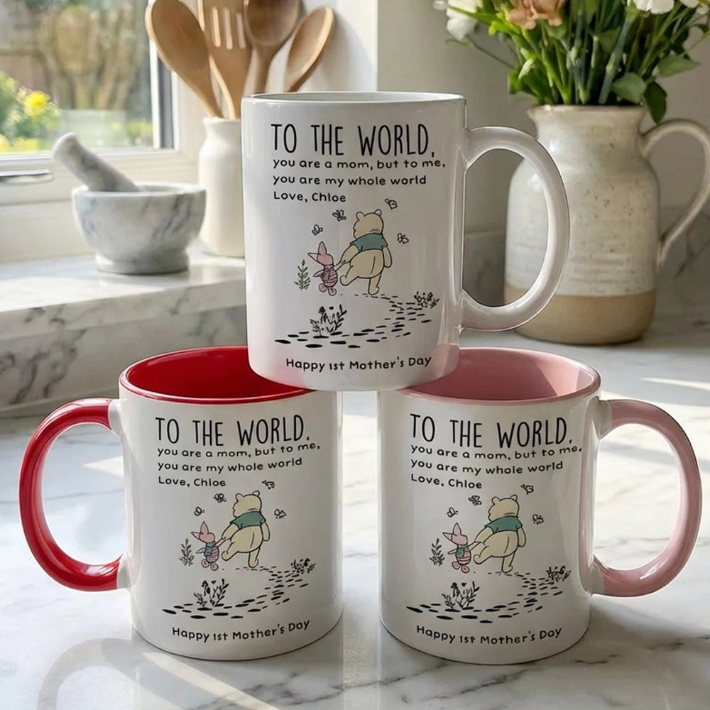 White Ceramic Mug for Mom, Sweet 'To The World' Quote with Mom and Baby Bear Walking - Thoughtful Personalized Gift