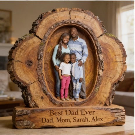 Custom Best Dad Ever Wood Log Figurine, Personalized Family Portrait Statue for Black Dad, Rustic Tabletop Decor Gift