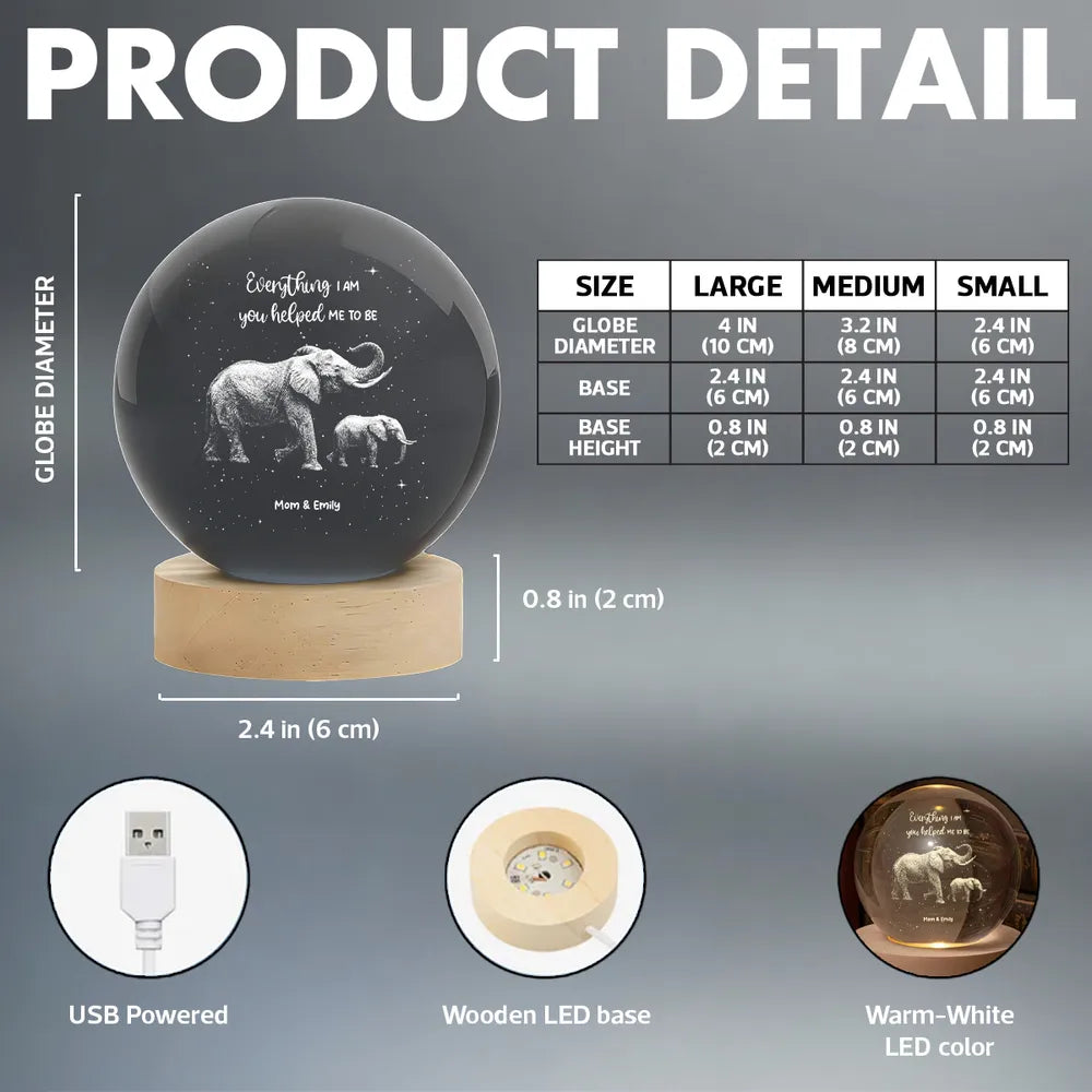 Custom Globe Lamp Night Light with Elephant Mom and Baby, Heartwarming Keepsake Gift for Mom