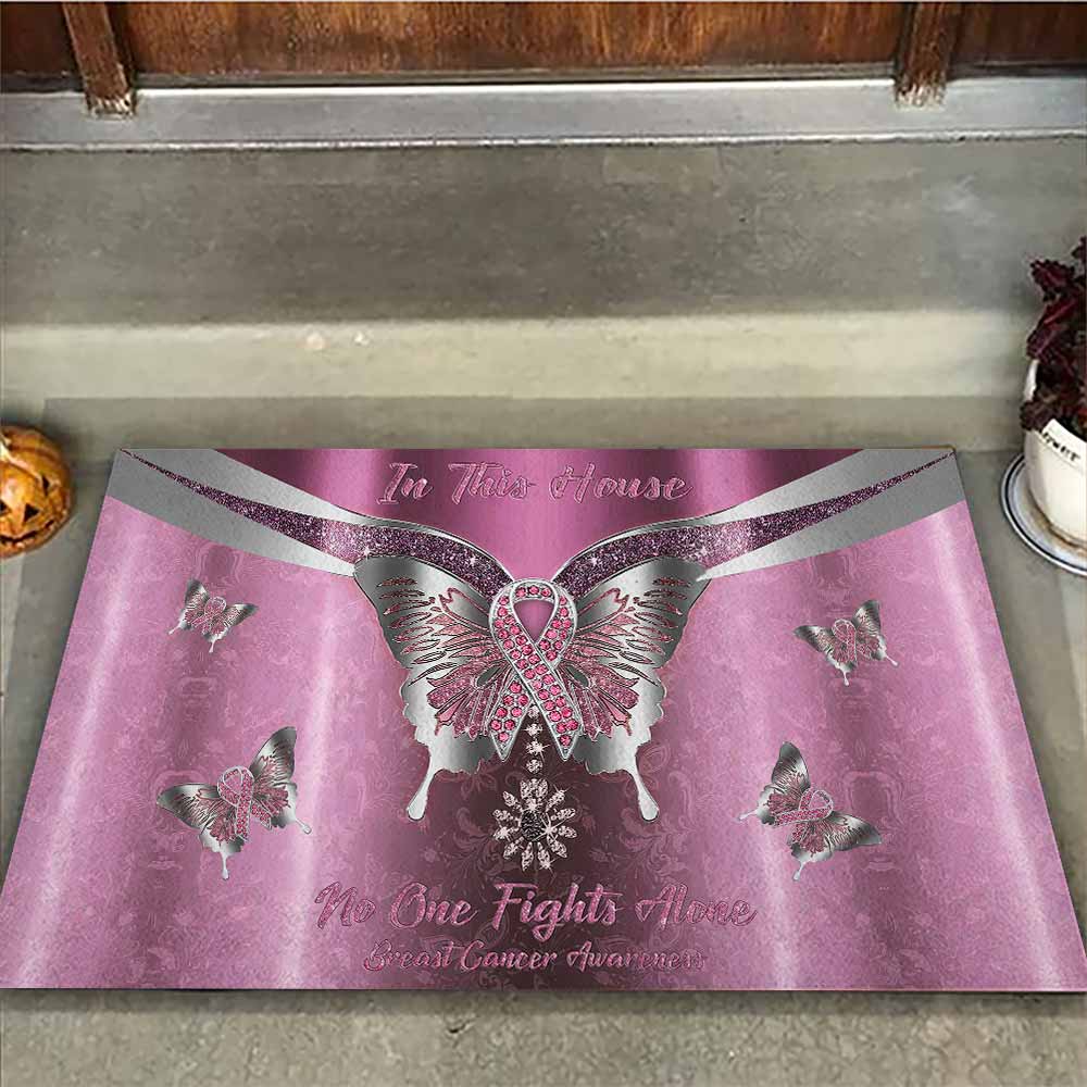 In This House No One Fights Alone - Breast Cancer Awareness Metal Pattern Print Doormat