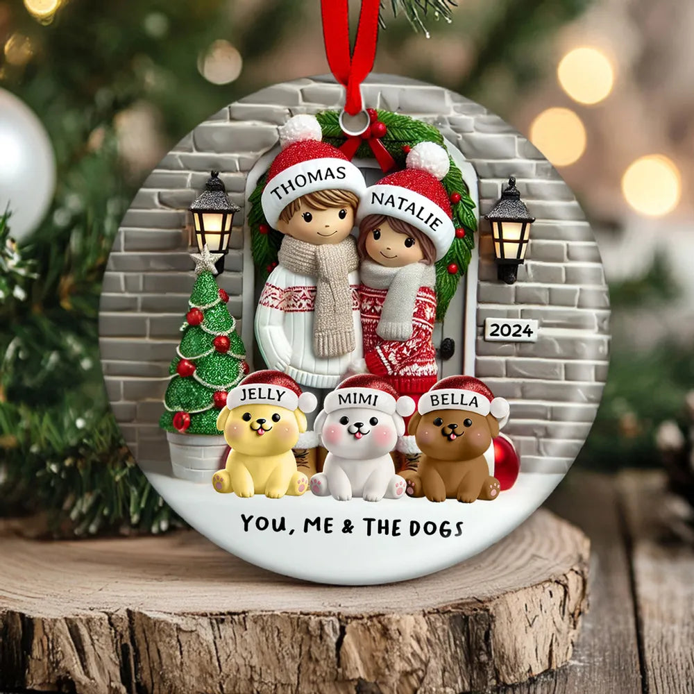 Ceramic Ornament Couple with Dogs at Festive Doorway, cozy tree-ready décor,perfect Christmas gift for pet-loving families