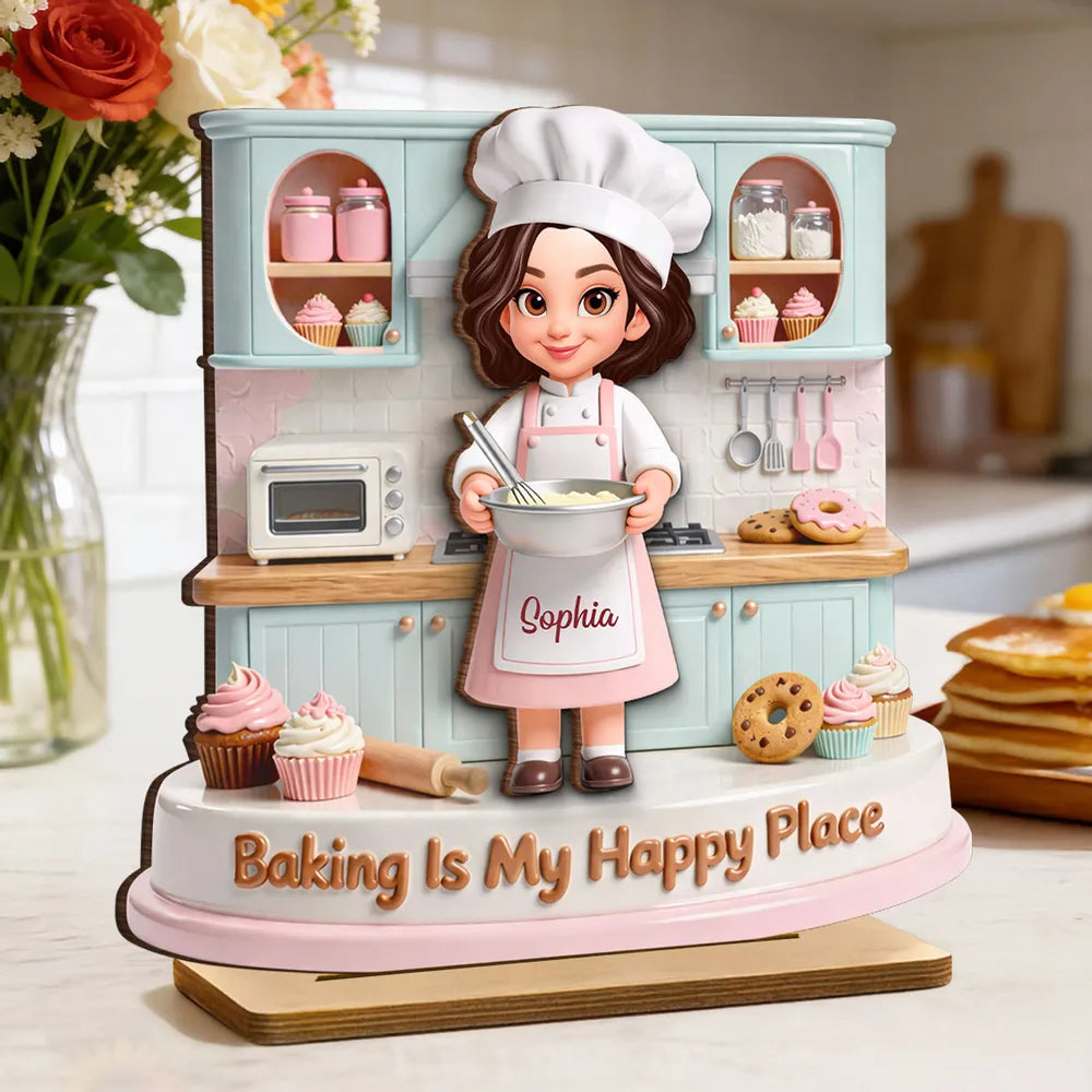 Personalized 2-Layer Wooden Plaque, Baking Is My Happy Place Cute Chef in Pastel Kitchen, Unique Gift for Mom or Grandma