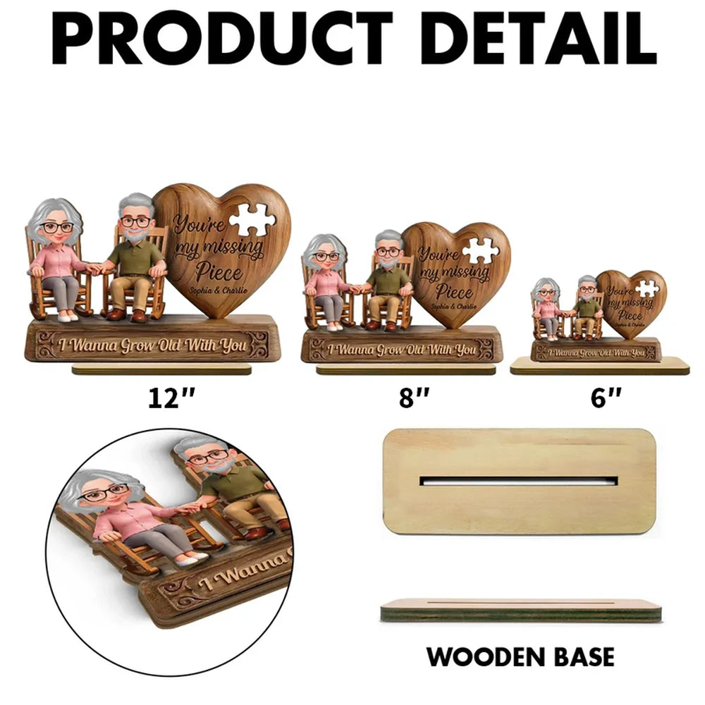 Personalized 2-Layer Wooden Plaque with Elderly Couple Holding Hands, You're My Missing Piece, Unique Gift for Couples