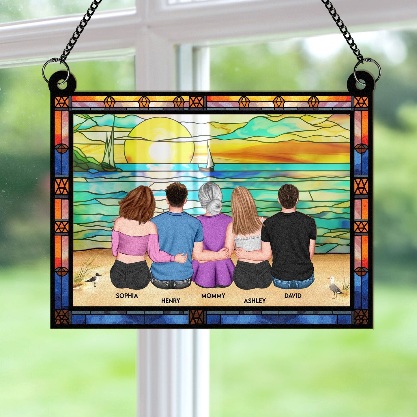 Wood & Acrylic Layered Ornament – Family Sunset by the Sea, Custom Gift for Mother & Siblings