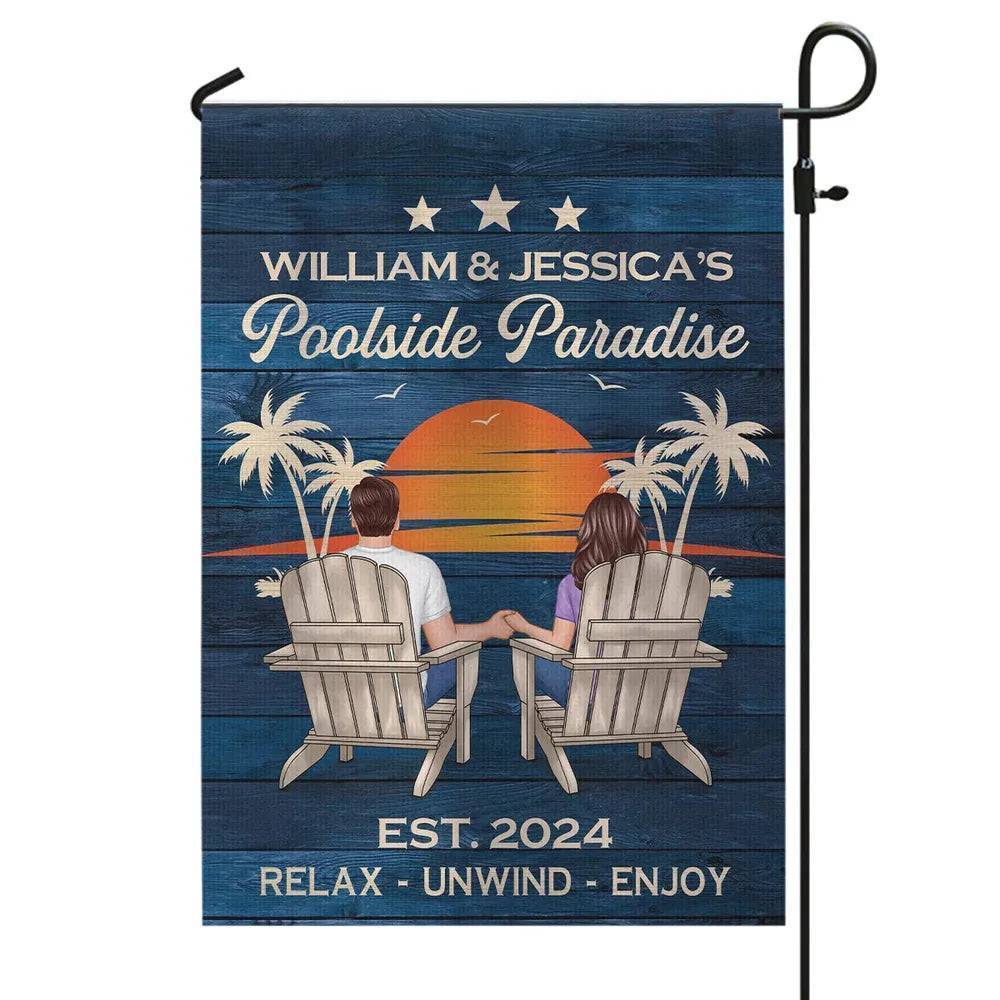 Relaxing Poolside Paradise Decor with Optional Flag Background Couple Sitting Personalized Flag, Sign, Vase - Perfect for Garden, Housewarming, Birthday, Anniversary Gift for Him, Her
