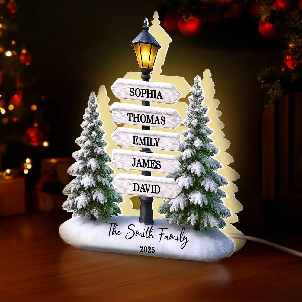 Personalized Christmas Acrylic Light Box with Family Signpost & Snowy Trees, Warm Glow Holiday Décor, Unique Gift for Loved Ones