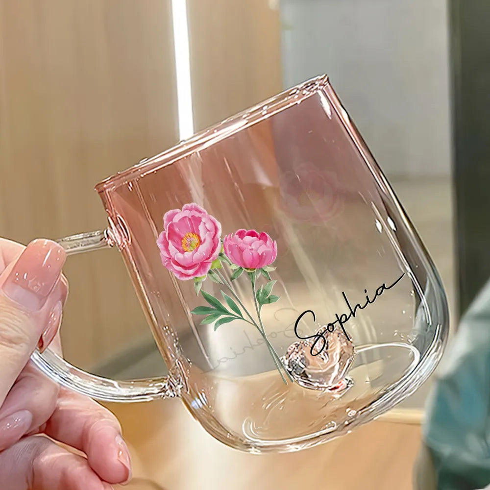 Gradient Glass Mug with Floral Print and Heart-Shaped Base, Elegant Gift Choice