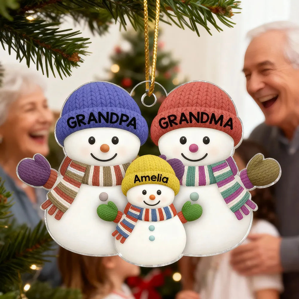 Grandparents & Grandchild Snowman Acrylic Ornament – Heartwarming Family Design, Perfect Holiday Gift