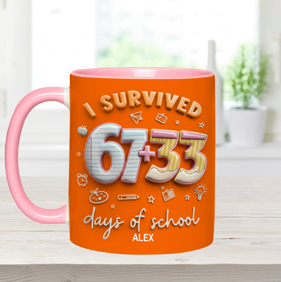 I Survived 67 + 33 Days Of School - Personalized Teacher Set Accent Mug with Acrylic Stirres