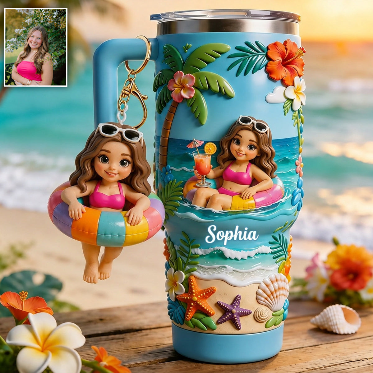 Any Photo Summer Vibes - Personalized Sea Lover Tumbler With Plush Charm
