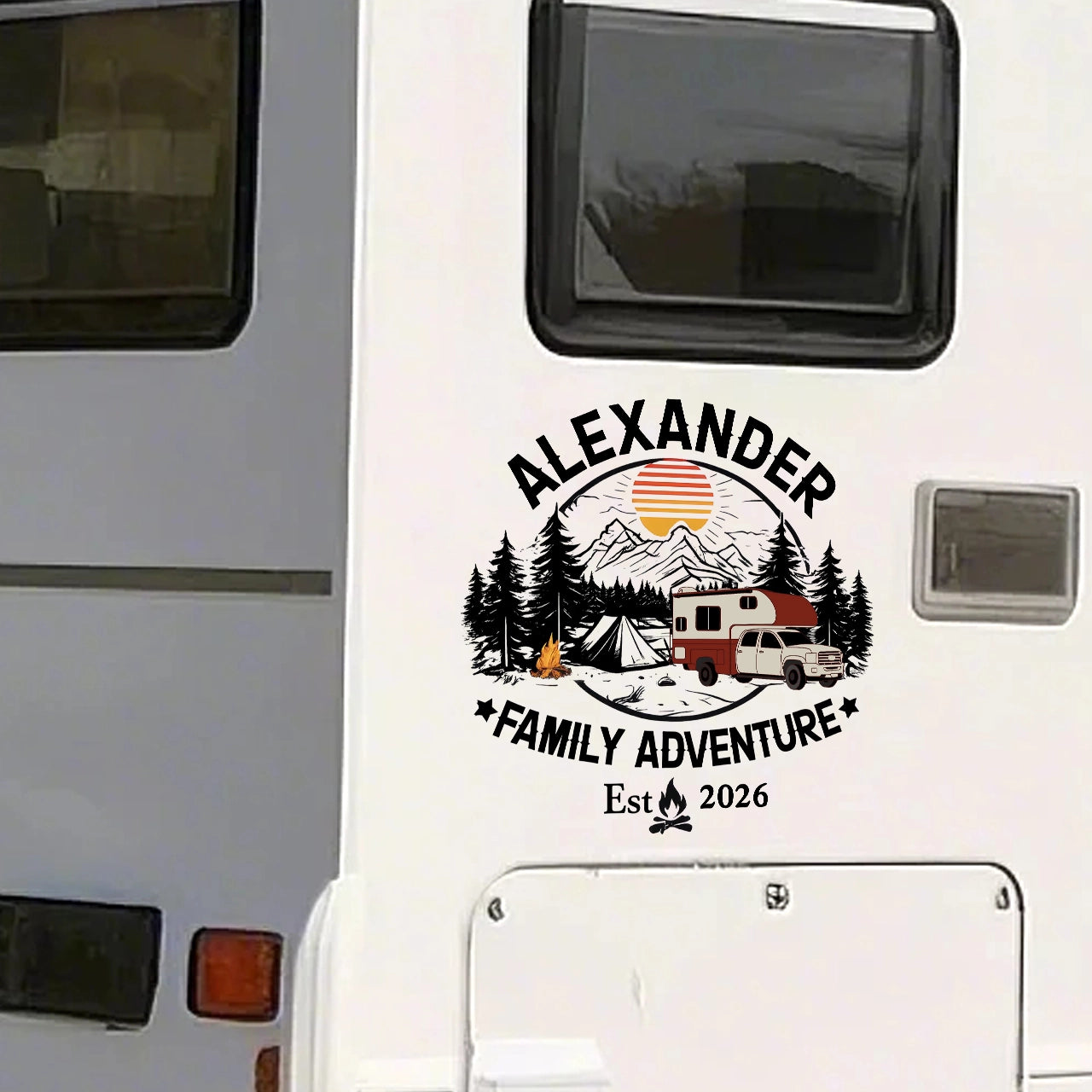 Personalized Family Adventure Sticker Decal for RV or Camper, Mountain Sunset Camping Scene, Unique Custom Gift