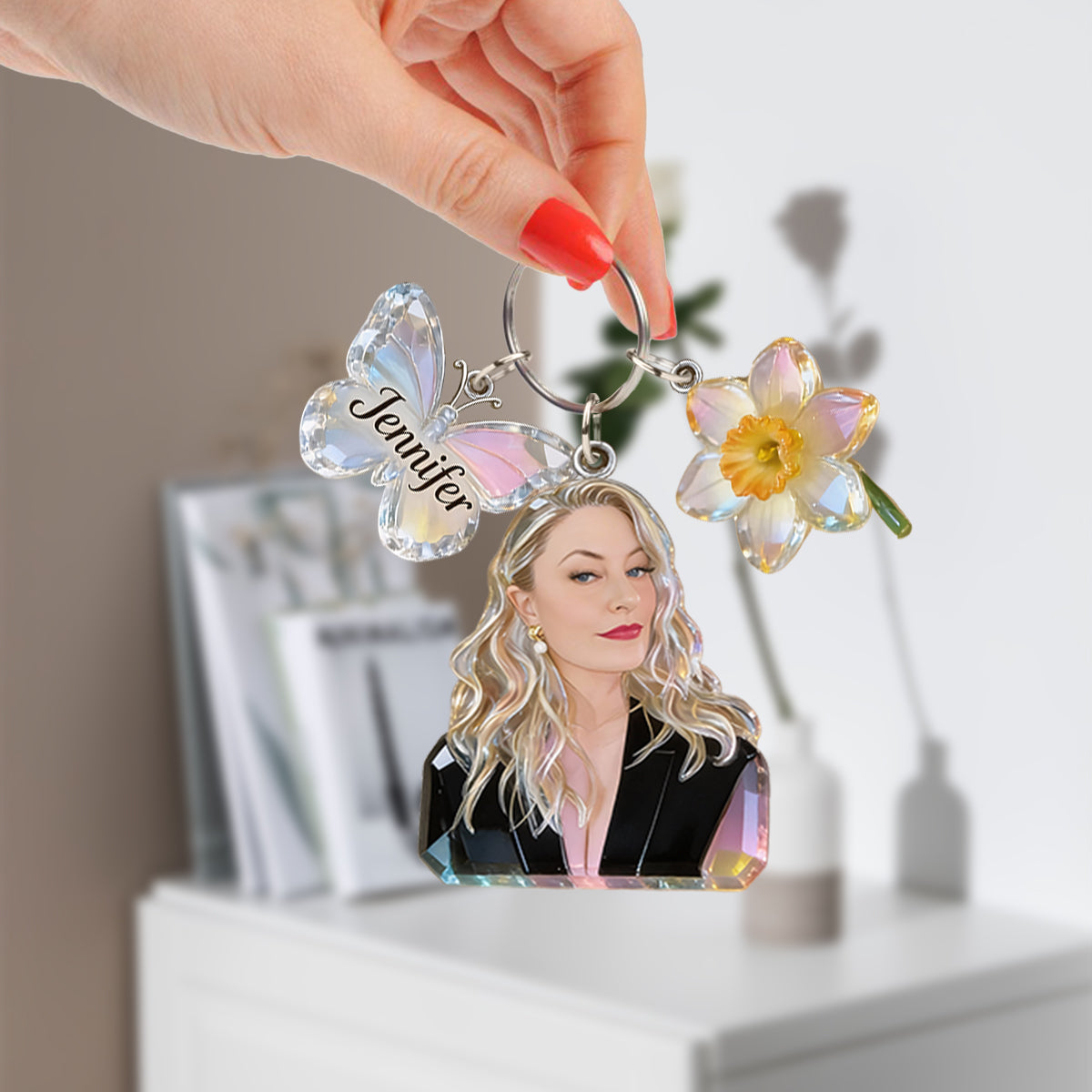 Custom Any Photo Birthmonth Flower - Personalized Self Love Keychain With Charms