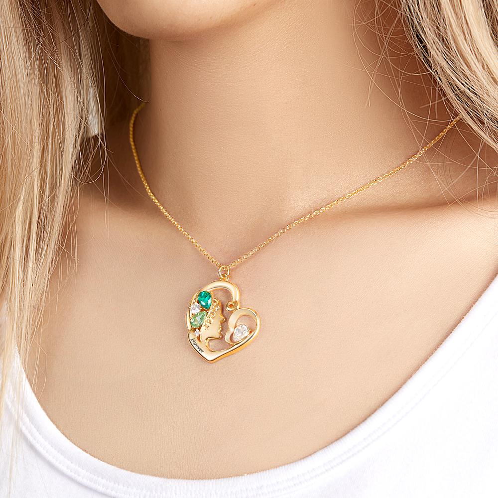 Birthstone Engraved Heart Charm - Personalized Mother Birthstone Women Necklace
