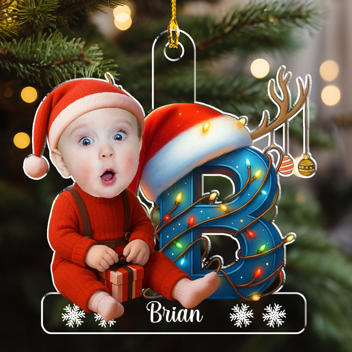 Christmas Acrylic Ornament - Photo Initial with Santa Hat & Lights, easy to hang, a unique gift for Parents & Grandparents
