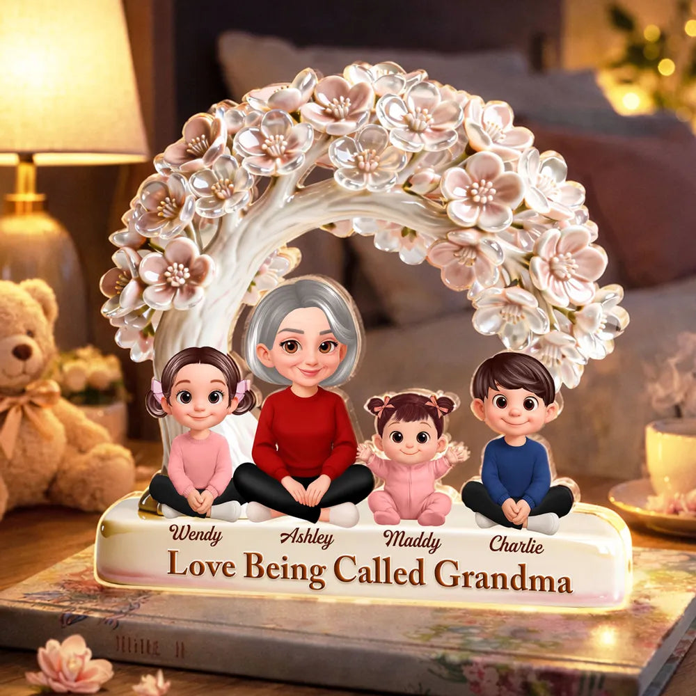 Shaped Acrylic Block Plaque with Grandma and Grandkids Under Blossom Tree, Personalized Home Accent, Thoughtful Gift for Grandma