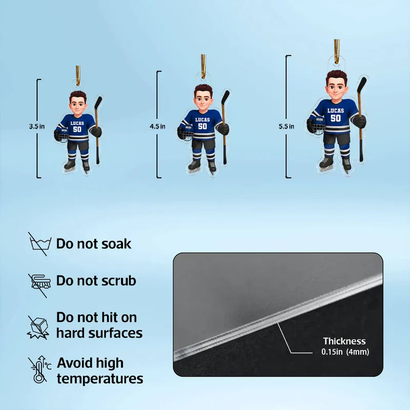 Acrylic Ornament - Personalized Hockey Player Cartoon Holding Stick, Christmas Tree Decor, Unique Gift for Players & Fans
